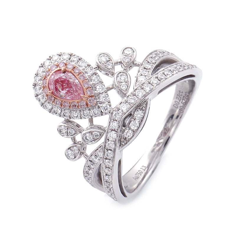 GIA Certified Pear Brilliant Cut Pink Diamond Center Crown Ring in 18k White Gold