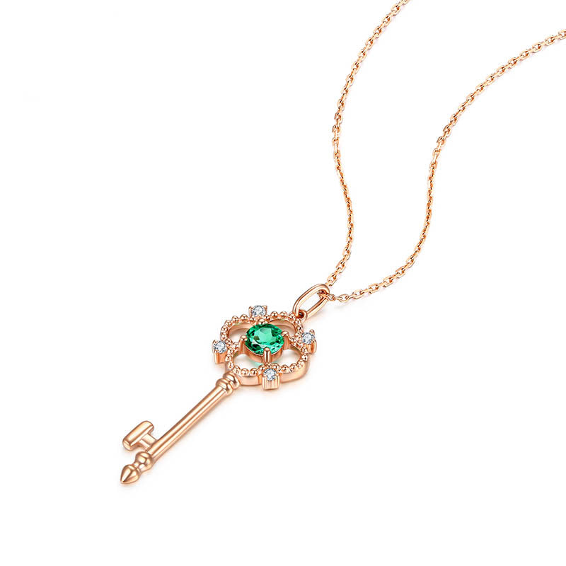 18K Emerald with Moissanite Key Chain Necklace Pendant