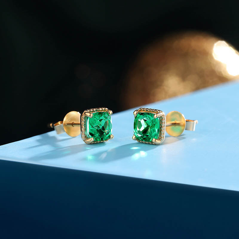 18k Yellow Gold 0.85ct Each Square Emerald Earrings