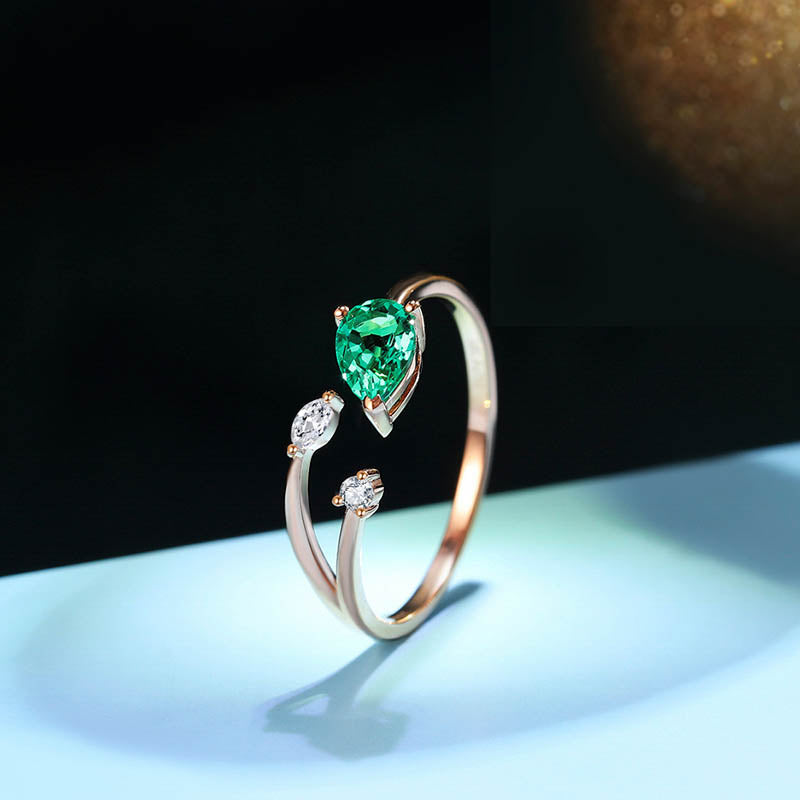 18K Rose Gold Emerald&Moissanite Adjustable Ring for Women