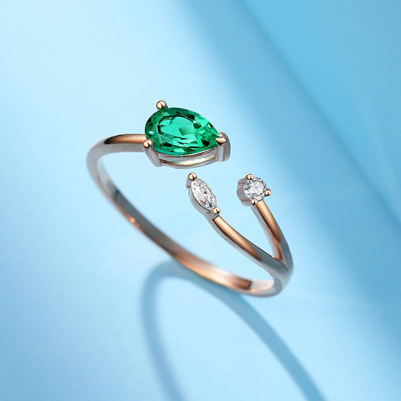 18K Rose Gold Emerald&Moissanite Adjustable Ring for Women