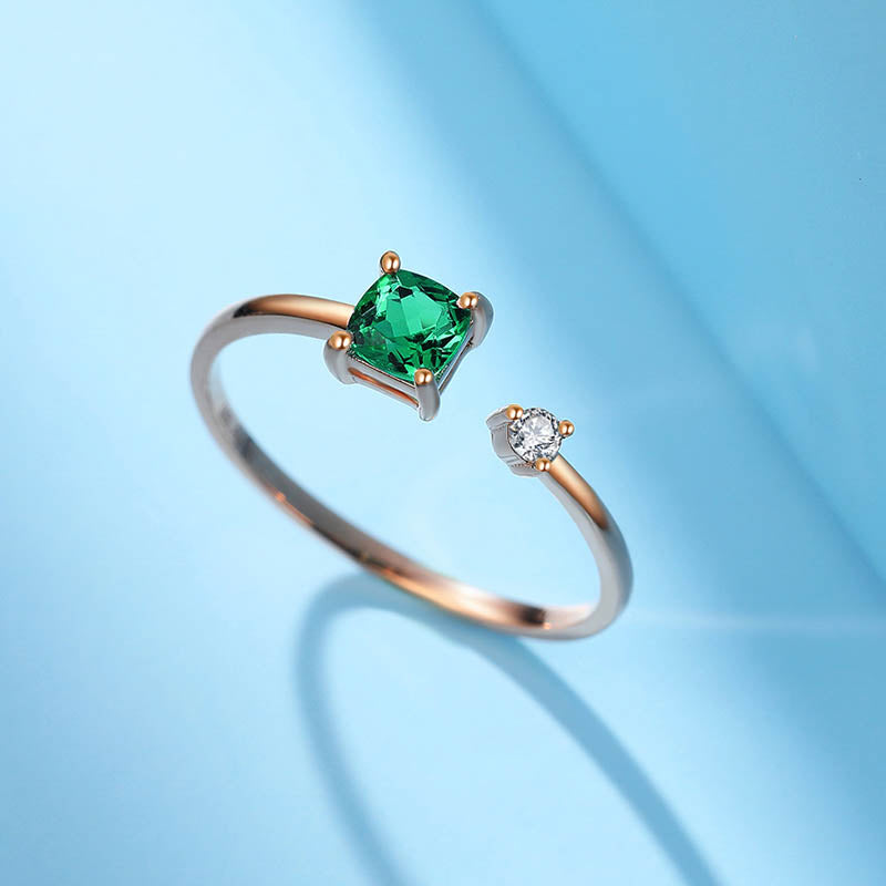 Rose Gold 18k 0.25ct Emerald 0.03ct Moissanite Adjustable Size Ring